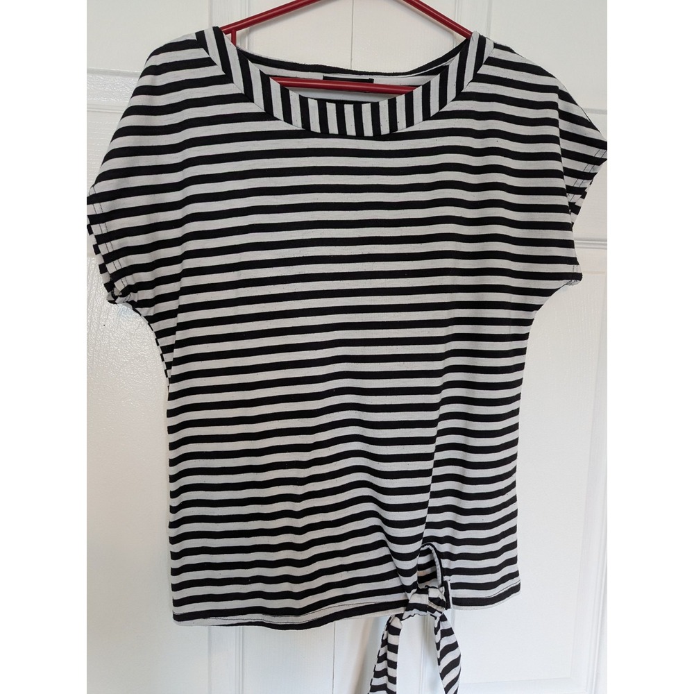 Shein Women Black White Short Sleeve Modern Side Tie Stripe Top Shirt Size‎ M